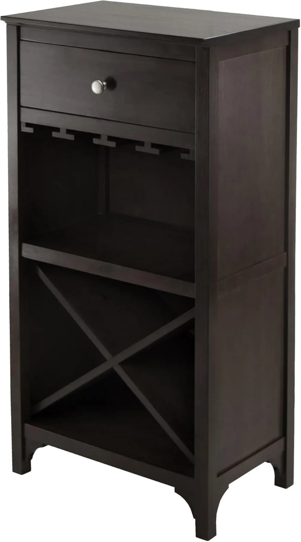 Armadietto porta vino espresso scuro con cassetto e grucce in vetro, design modulare compatto per la casa