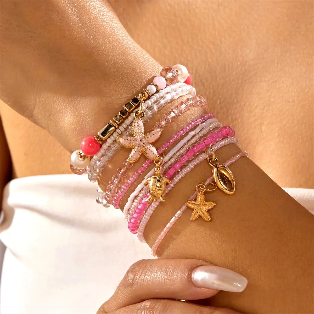 Fashion Multilayer Stacked Bracelets Set for Women Bohemian Shell Starfish Beaded Bracelets Summer Beach Party Jewelry Gift