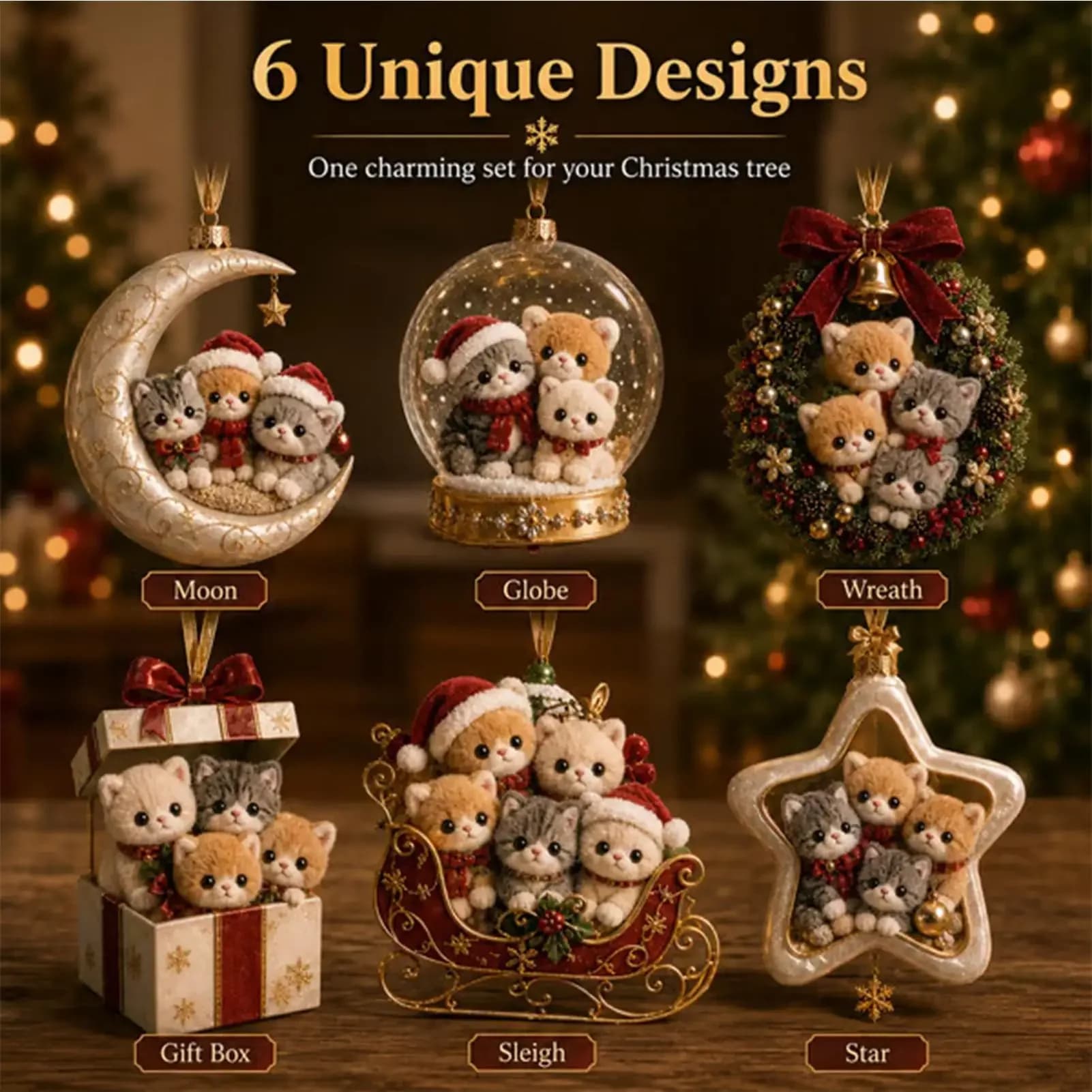 6 Pieces 2D Acrylic Cute Shatterproof Christmas Ornament Set Christmas Tree Cat Ornaments For Indoor Outdoor Windowsills Yard