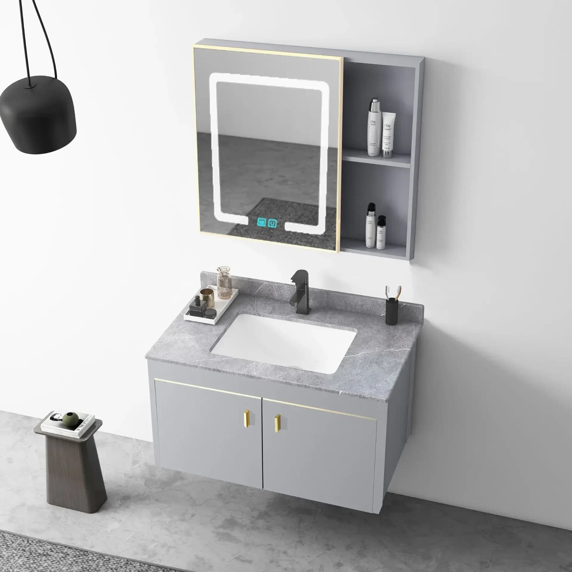 Mobili da bagno moderni e minimalisti in alluminio Combinazione di lavabo Mobiletto da bagno di lusso con specchio intelligente con lavabo