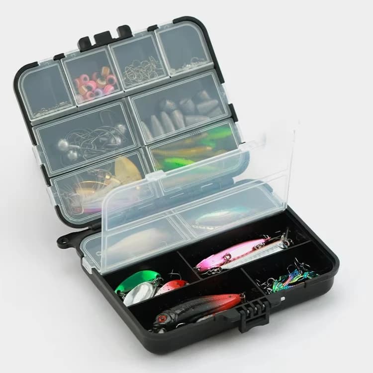 Mini scatola per attrezzatura da pesca, portaoggetti in plastica con custodia quadrata per esche da pesca, ganci, esche, scomparti per la pesca