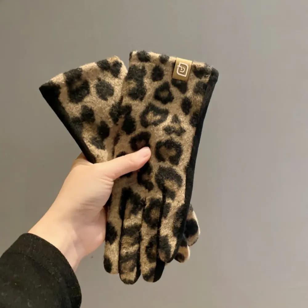 Guanti in Cashmere con Stampa Leopardata alla Moda, Caldi e Touch Screen, per Guida, Sci e Moto