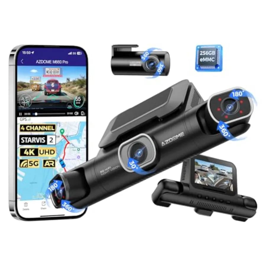 Dash Cam a 4 Canali per Auto, eMMC 256GB Integrato, Nero, Sensori STARVIS 2 con Copertura Completa a 360°, Risoluzione 2K+1080P×3, HD