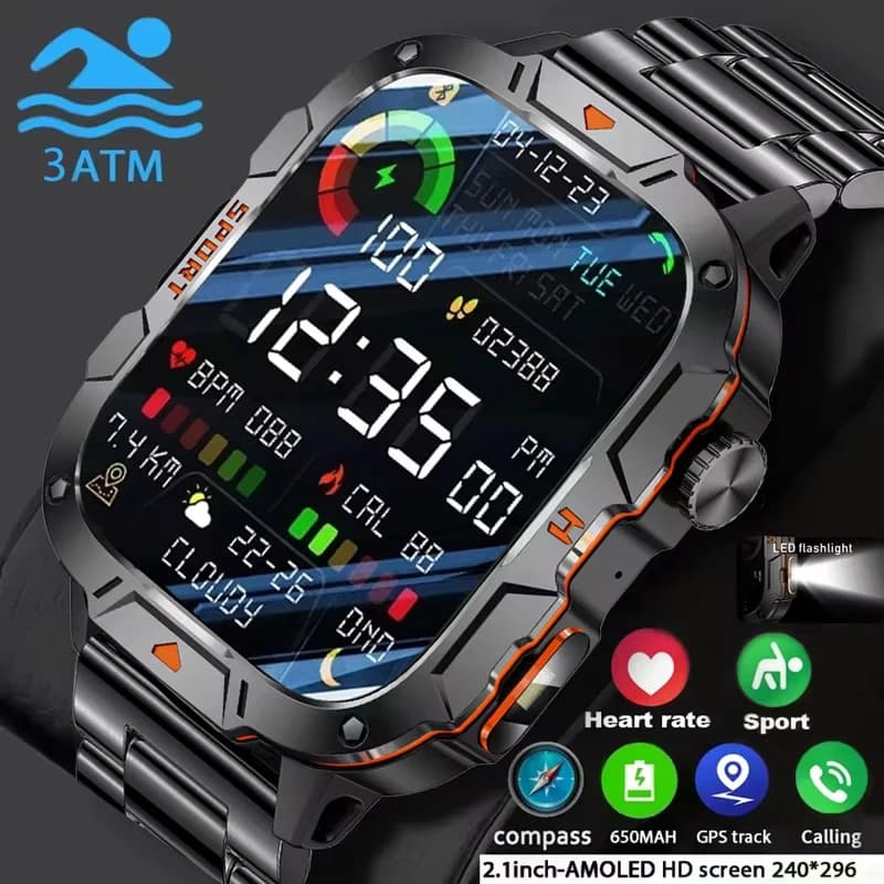 LIGE Smart Watch 5ATM Sport all'aria aperta GPS Trackr Torcia elettrica Display HD da 1,96 pollici Chiamata Bluetooth Orologi fitness per Android IOS