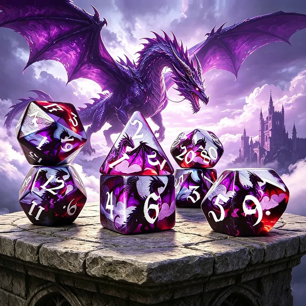Set di 7 Dadi con Stampa Draghi per DND RPG MTG Dungeons and Dragons, Dadi Digitali a Tema Draghi Volanti per Giochi da Tavolo