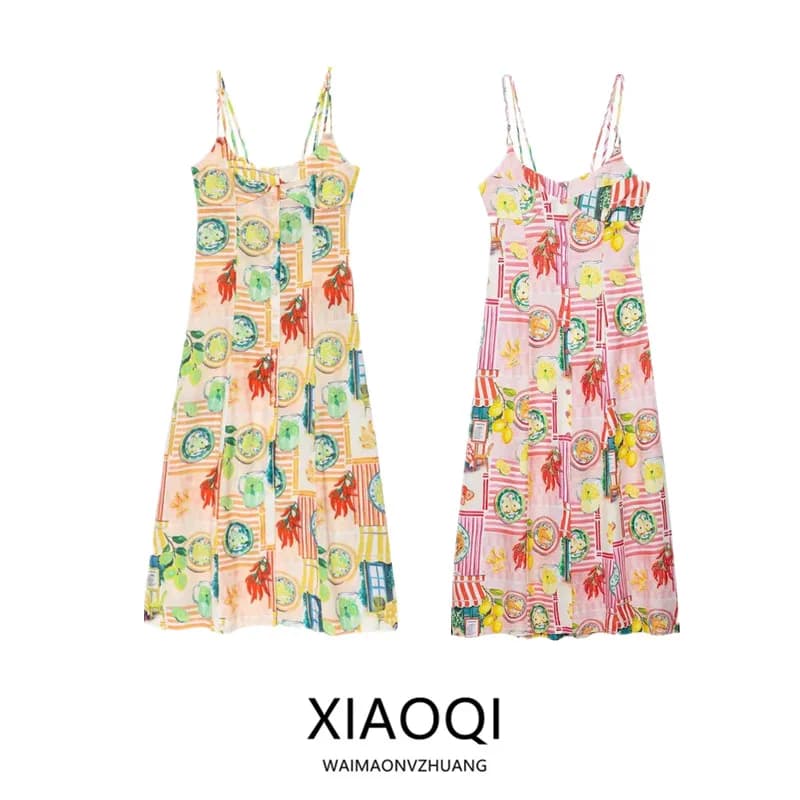Summer New Arrival Women's Fashion Patchwork Print Halter Midi Dress Commute High Waist A-Line Skirt No Brand 2025