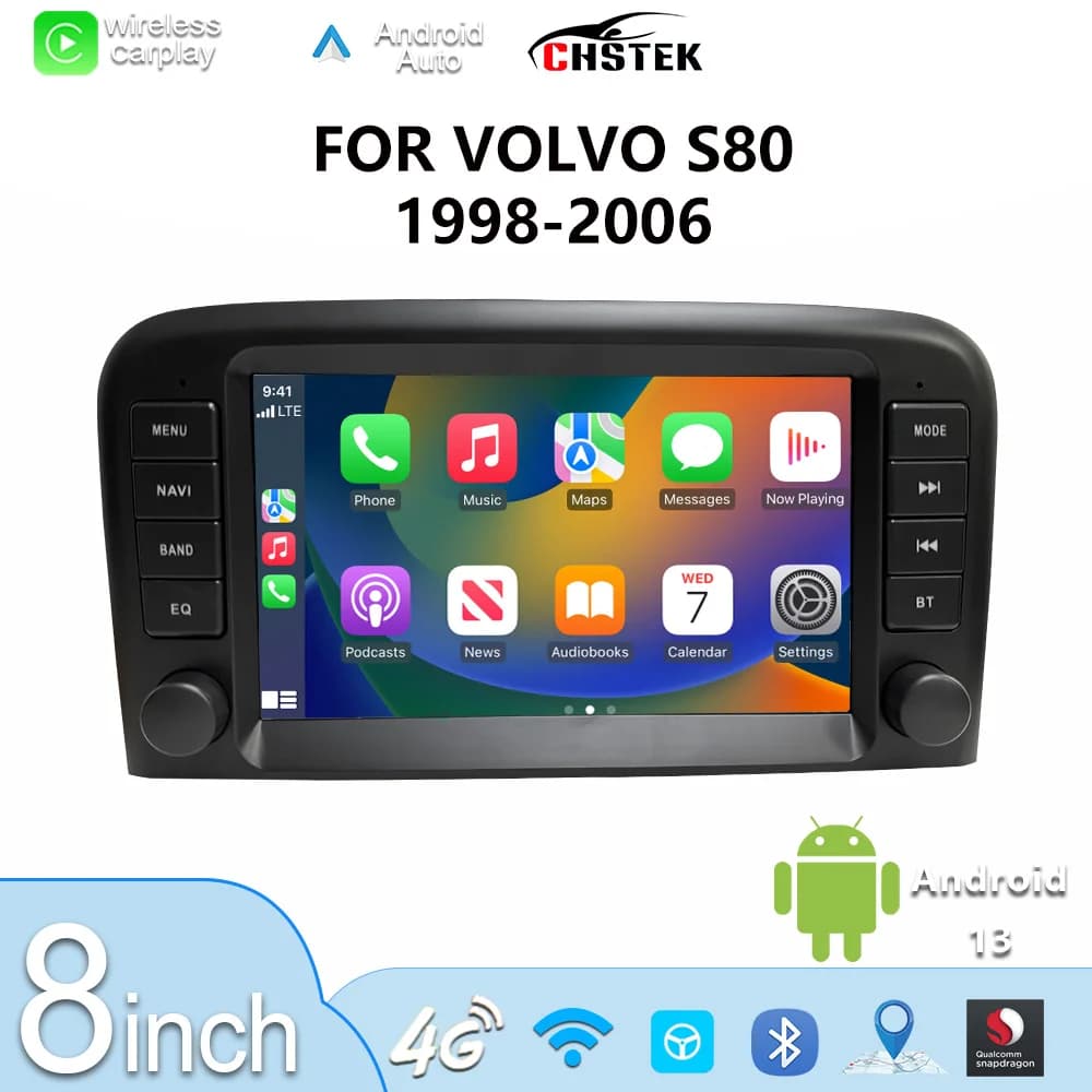 CHSTEK Touchscreen per Volvo S80 1998-2006 con CarPlay Wireless, Android Auto, 4G, GPS, Bluetooth, WiFi e Navigazione