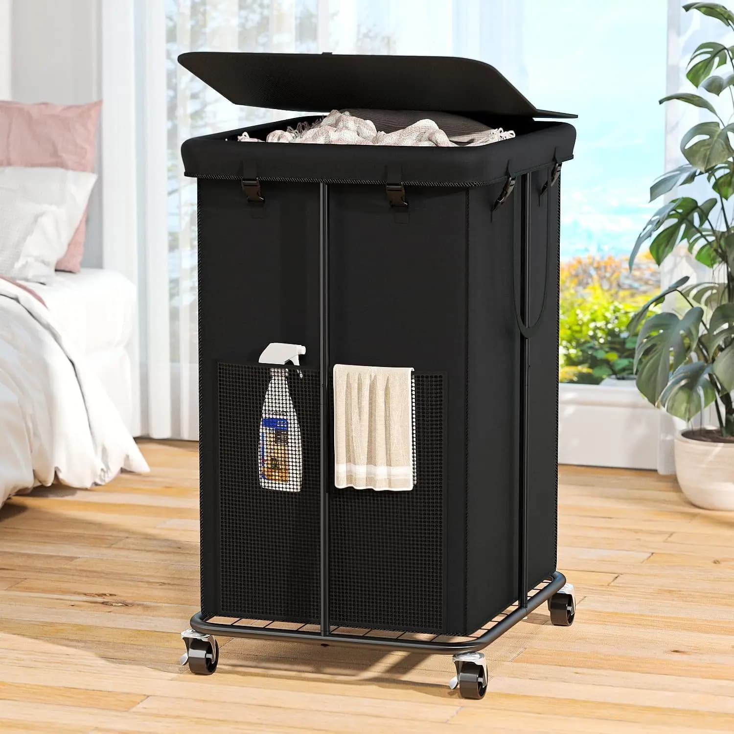 160L Wheel White Paper Basket, Removable Bag and Cover, Metal Bed and Bath Structure