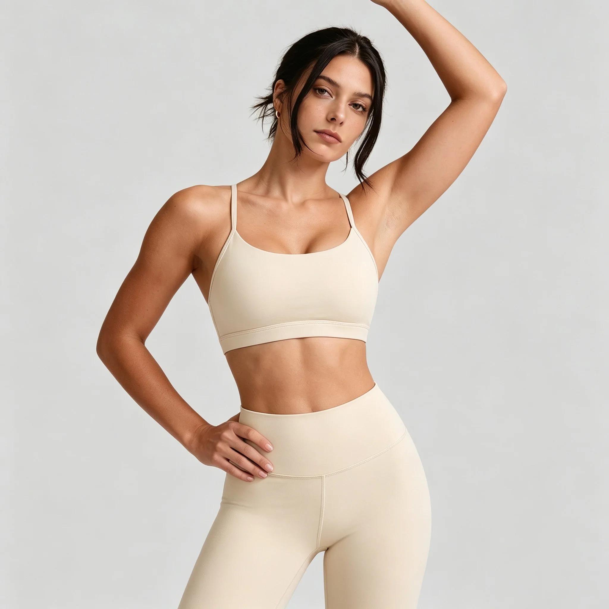 SOISOU Women Nylon Sling Straps U Neck Fitness Female Underwear Crop Top Run Gym Workout Removable Cups Sports Bra Yoga Top