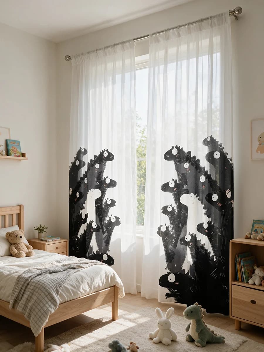 2PCS Cartoon Dinosaur Sheer Curtains, Black White Cute Funny Print, Kids Window Panels for Nursery Playroom Bedroom Home Decor
