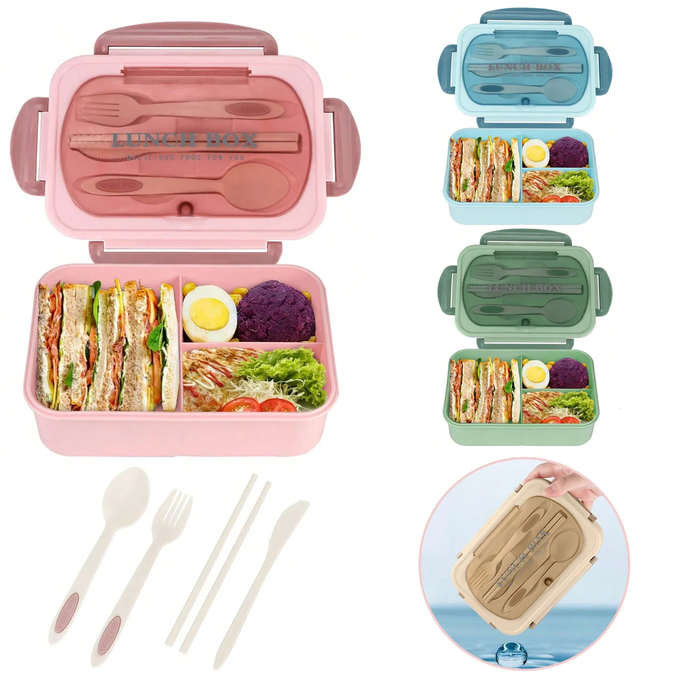 Bento Box per adulti con 3 scomparti, contenitore per il pranzo per uomini e donne, contenitore portatile per alimenti, adatto per il rientro a scuola, utilizzabile nel microonde