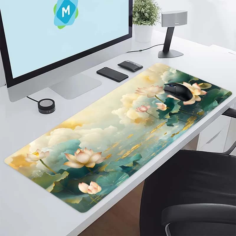 Tappetino da Scrivania Stile Cinese con Acquerello di Loto, Grande Tappetino per Mouse da Gaming, Base Antiscivolo in Gomma, Tappetino Esteso per Tastiera, Accessorio da Ufficio
