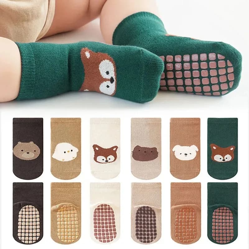 Homefish 6 pairs of non-slip socks for children, cute socks with fox-shaped pattern and bear, for children, boys and girls, comfortable for children