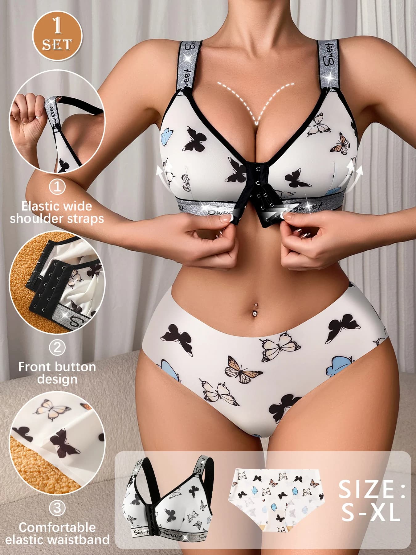 1 set di biancheria intima da donna con stampa di farfalle bianche, reggiseno con ferretto e intimo senza cuciture, reggiseno con bottoni frontali