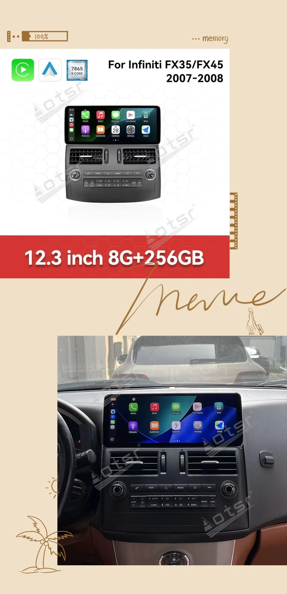 Android 15 12.3" Car Multimedia Display For Infiniti FX35 FX45 2007-2008 Car Radio Touch Screen GPS Navigation Carplay Screen