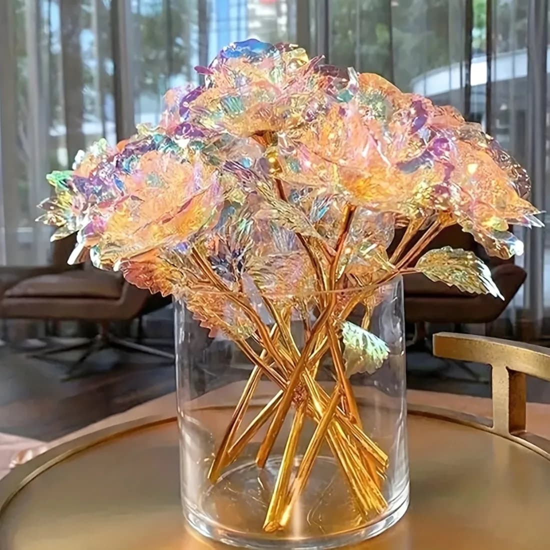 Rose artificiali arcobaleno placcate in oro – Confezione da 10 fiori decorativi regalo per compleanno e festa della mamma