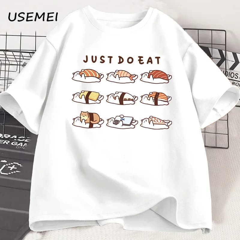 Magliette grafiche divertenti gatto Shusi T-shirt stampata in cotone simpatico cartone animato T-shirt ampia unisex girocollo abbigliamento da uomo streetwear oversize