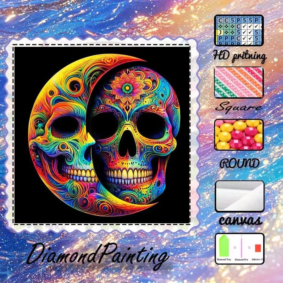 1 piece - 5D-DIY - Flocking cloth - Special drill - Diamond painting set - Skull, moon - Mosaic - Diamond art