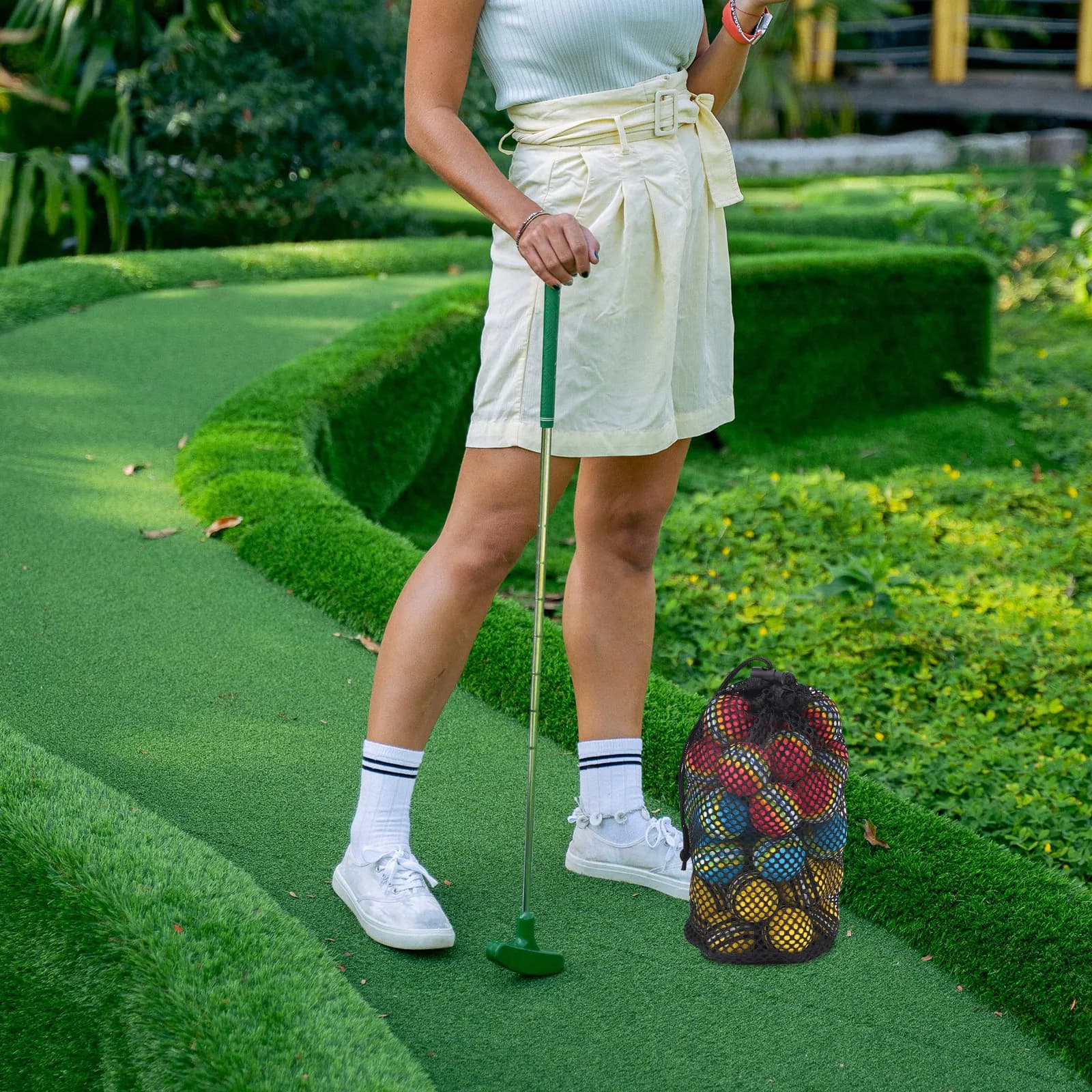 Borsa elastica in nylon per palline da golf, a rete cava, antistrappo, con ventilazione, riutilizzabile, con coulisse, per golf, tennis, baseball
