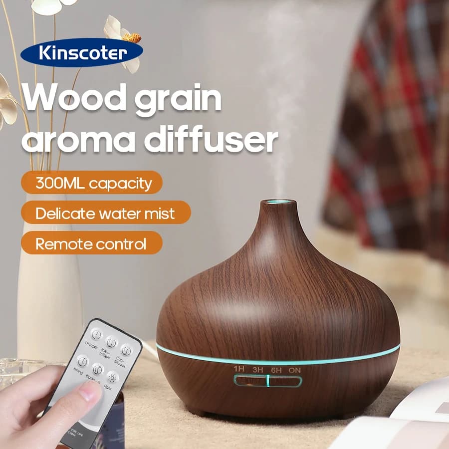KINSCOTER Diffuser for aromatherapy with wood veins 300ml Essential oils for aroma Ultrasound humidifier 3 timer USB Colored light