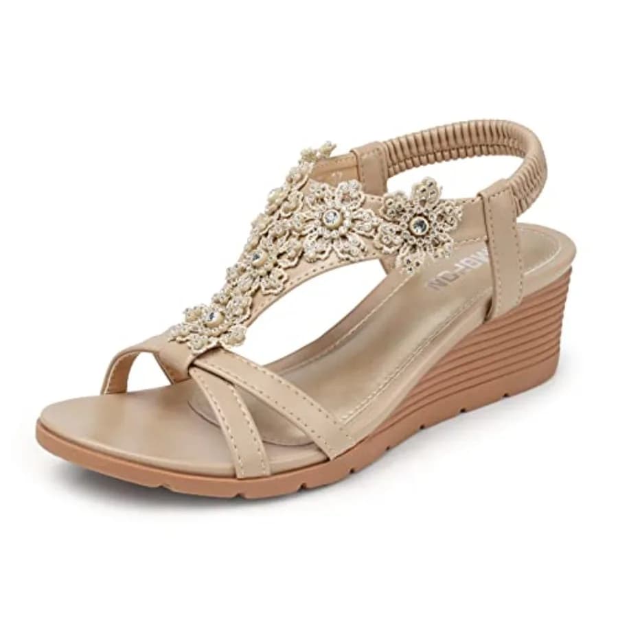 TEMOFON Sandali con zeppa bassa da donna, eleganti estivi con plateau, cinturino elastico alla caviglia, punta aperta e decorazioni floreali