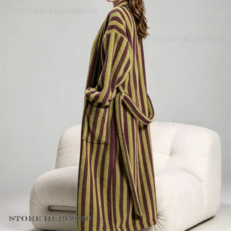 Autumn Winter Coral Fleece Long Robe Couple Sleepwear Thicken Flannel Bathrobe Nightwear Loose Casual Stripe Homewear Loungewear