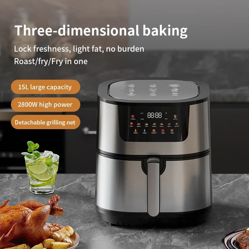 Household large-capacity air fryer 15L upper and lower double heating tube double fried basket intelligent stainless steel