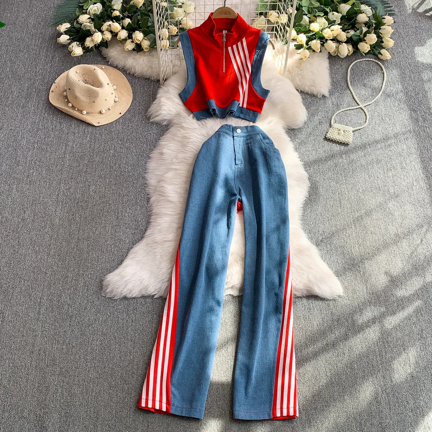 Women's Short Striped Toppe Denim Shirt with Half Neck Sleeveless Design + High Waist Slimming Wide Leg Pants Set