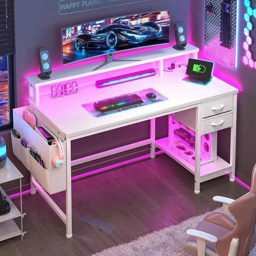 40 Inch Standing Computer Desk, Equipped with LED Strip, 2 Drawers, Storage Bag, Power Outlets and Monitor Stand for Gaming Room & Bedroom