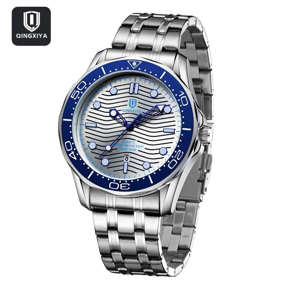 QINGXIYA New Luxury Military Man Watch Square Waterproof Luminous Date Men Watch Stainless Steel Quartz Watches Men's Reloj+box
