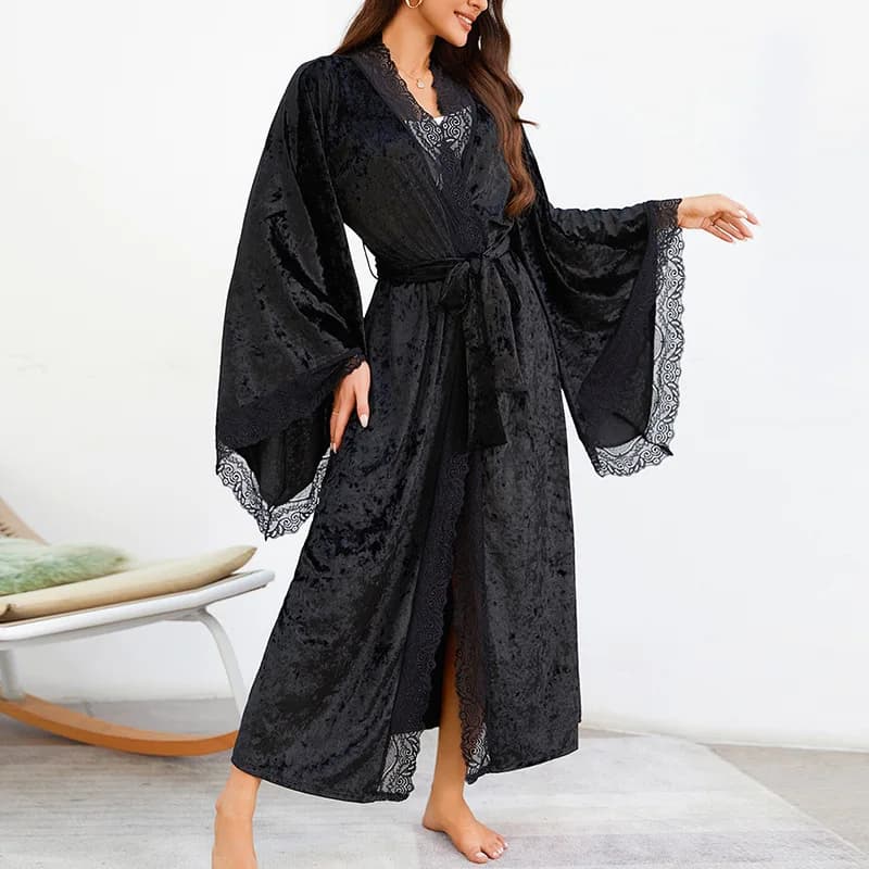 Sexy Lace Up Velluto Abito lungo Indumenti da notte da donna Solido Kimono Accappatoio Abito Intimo Lingerie Primavera Autunno Nuovi indumenti da letto