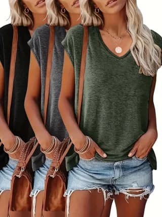 Confezione da 3 top a maniche corte con scollo a V in tinta unita, top casual a maniche corte per l'estate e la primavera, abbigliamento da donna