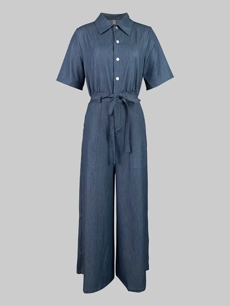 2026 Women Blue Denim Jumpsuit women's clothing Short Sleeve Button Down Belted Wide Leg Pocket Casual Summer Romper