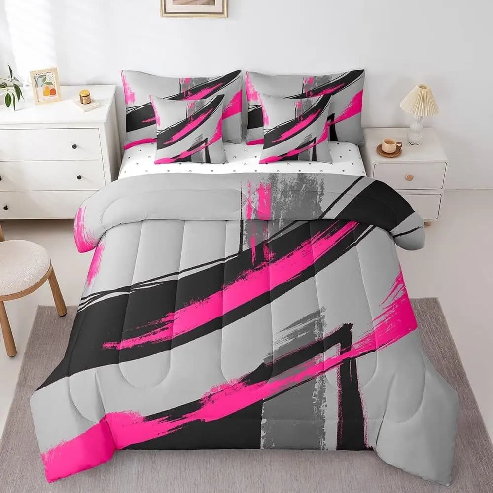 Set di biancheria da letto Queen da 7 pezzi, astratto, rosso e nero, con lenzuola, adatto per ragazzi e ragazze, letto con motivo geometrico in una borsa