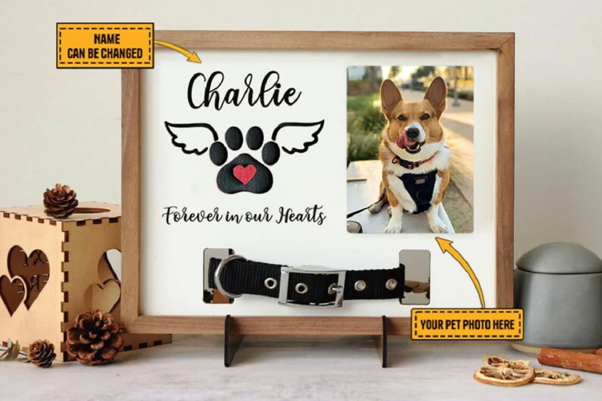 Dropshipping Cornice per foto commemorativa personalizzata per animali domestici Collare per animali in legno Cornice per foto e testo personalizzati Regali commemorativi per cani per la perdita