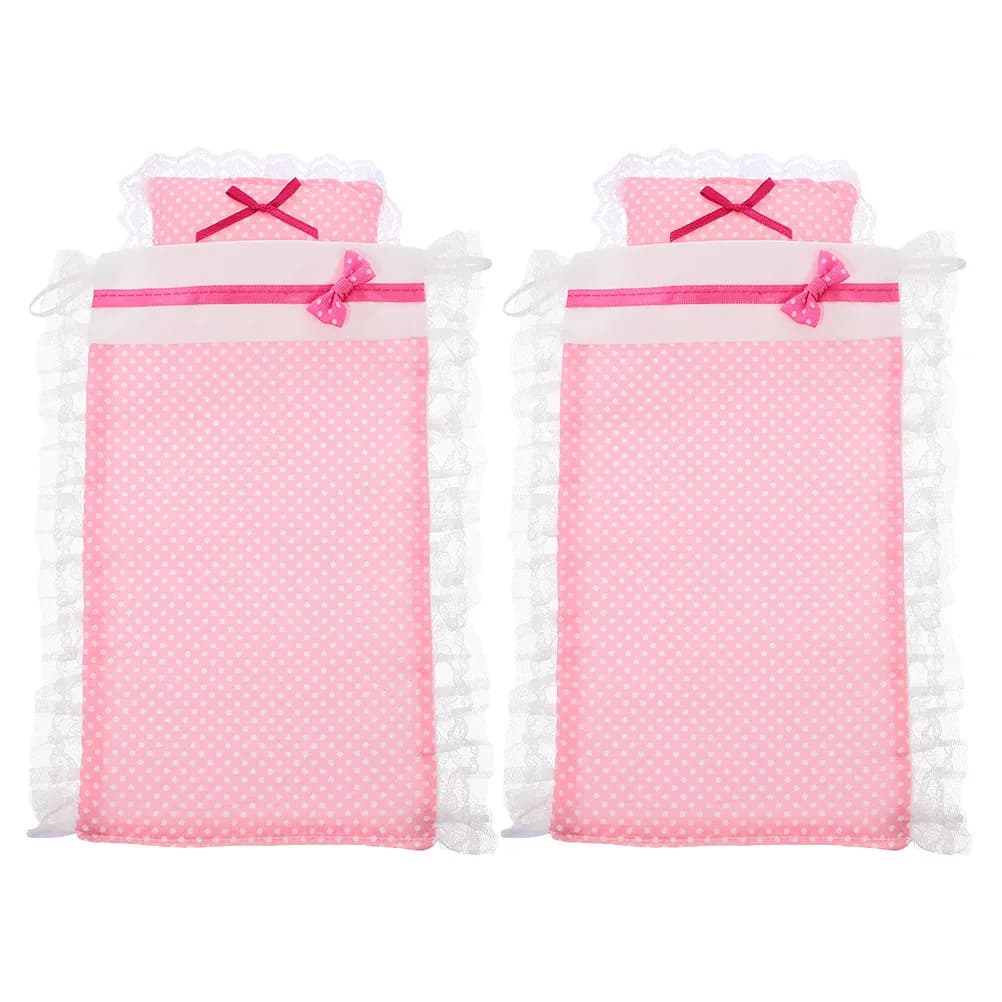 2 Children's House Bed Linen Sets, Soft Fabric Bed Sheets and Pillows, Miniature Bedroom Accessories