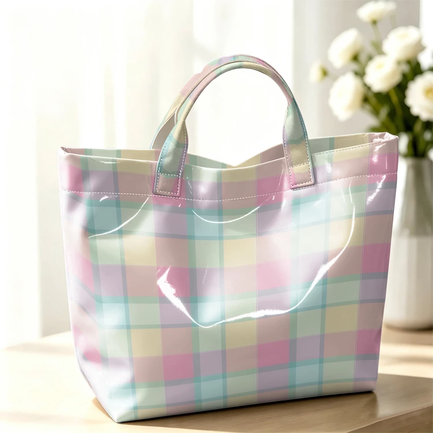 Pastel Plaid Fashion Large Glossy PVC Tote Bag Hand Washable Waterproof Perfect Travel Commute Cosmetic Storage Shopper