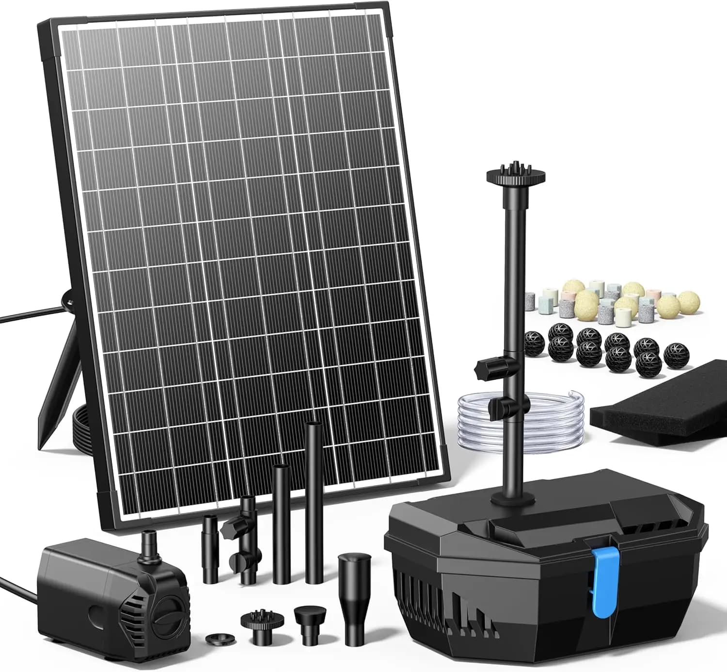 Kit Fontana Solare, Filtro per Laghetto con Pannello Solare da 20W, Pompa Solare da 120 GPH, 4 Spruzzatori per Laghetto Esterno 120-3