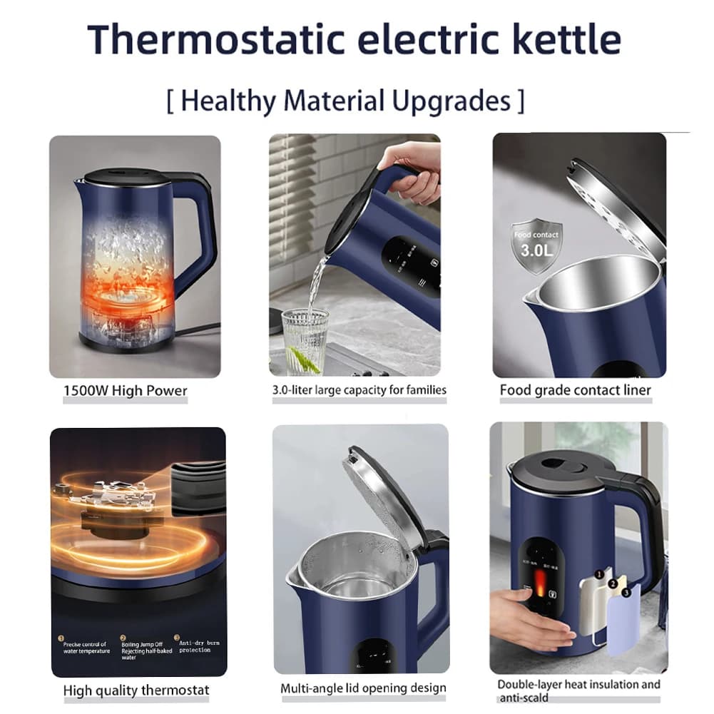 Bollitore Elettrico in Acciaio Inox da 2,2L 1500W con Display Digitale, Ebollizione Rapida e Spegnimento Automatico