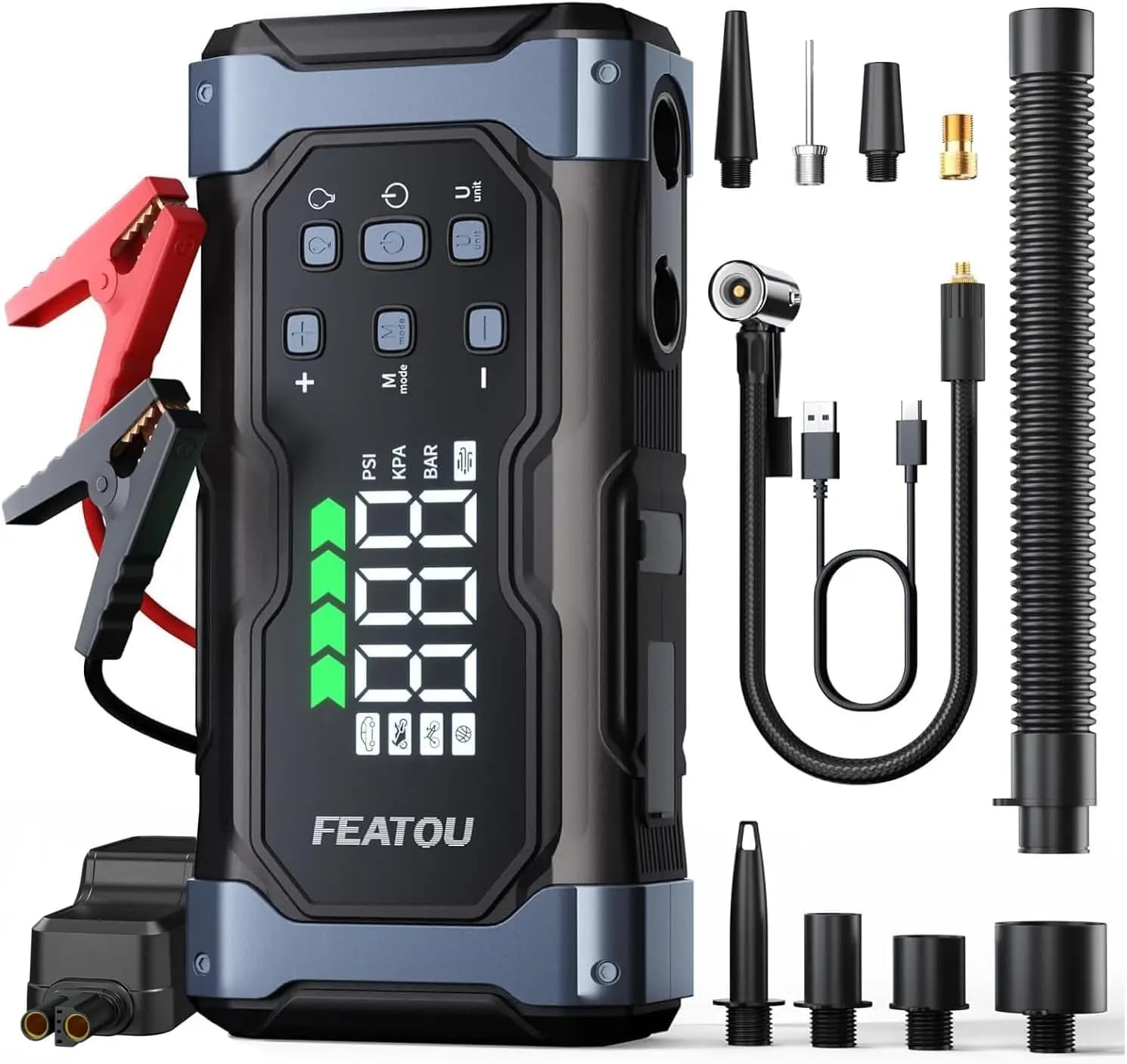 Avviatore di Emergenza ad Alta Potenza 9000A con Compressore d'Aria, Avviatore Portatile 12V per Auto, Compatibile con Tutti i Motori a Benzina e Diesel 14L