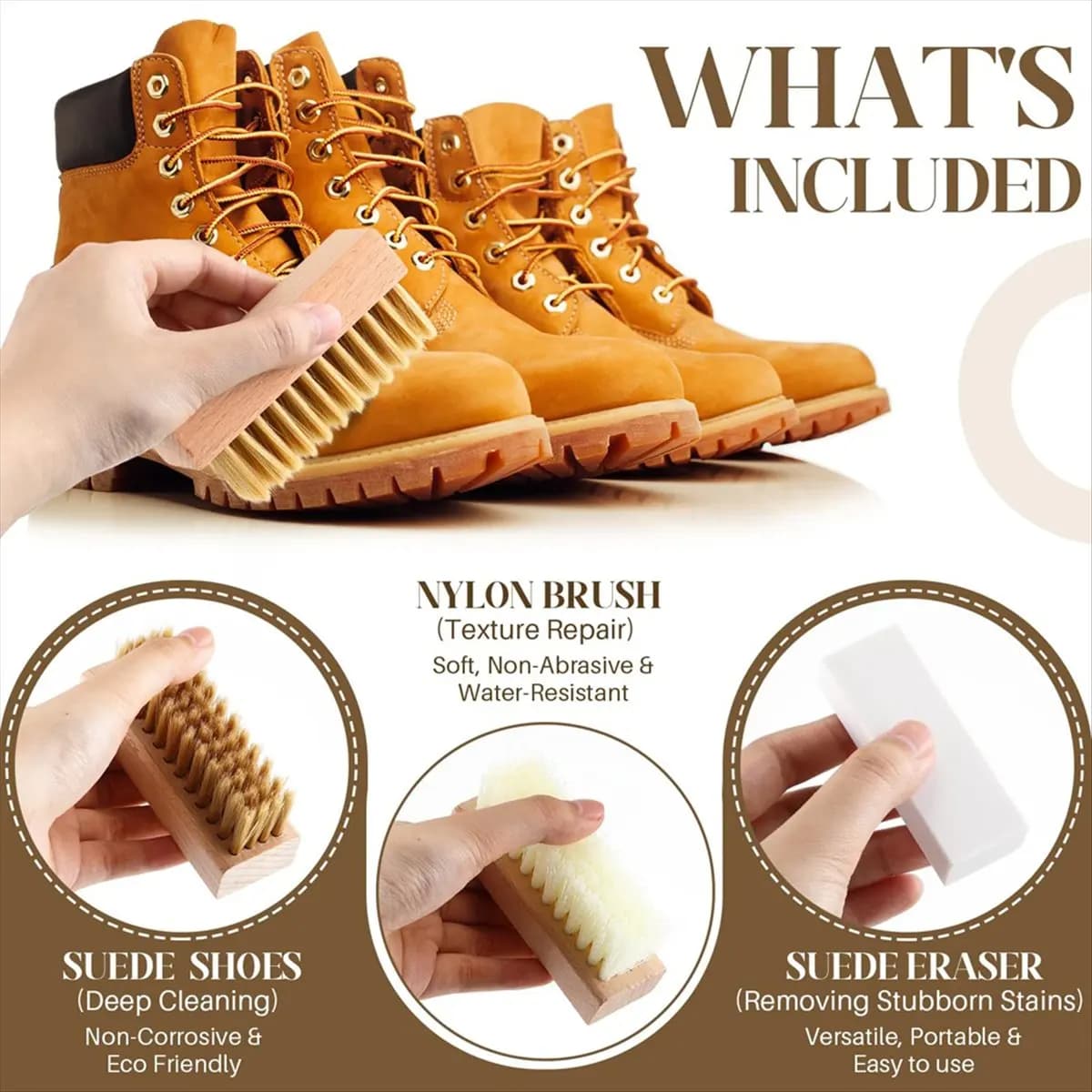 Kit di Pulizia per Pelle Scamosciata e Nubuck A75K 5 Pezzi con Spazzole in Ottone e Nylon, 2 Gomme per Pelle Scamosciata, Asciugamano in Microfibra per Scarpe, Stivali, Borse