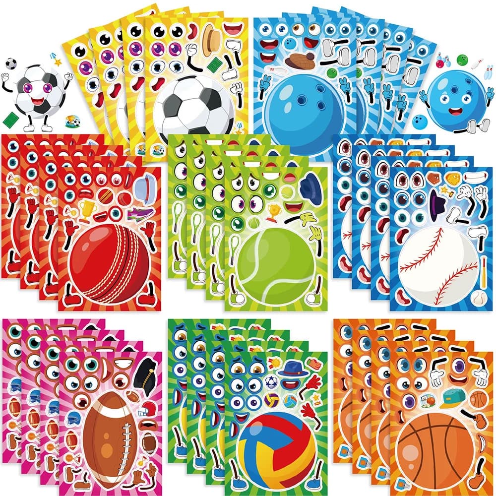 8/16Sheets Cartoon Ball Face Making Puzzle Stickers PVC Material Children’s Educational Football Basketball Decoration Stickers