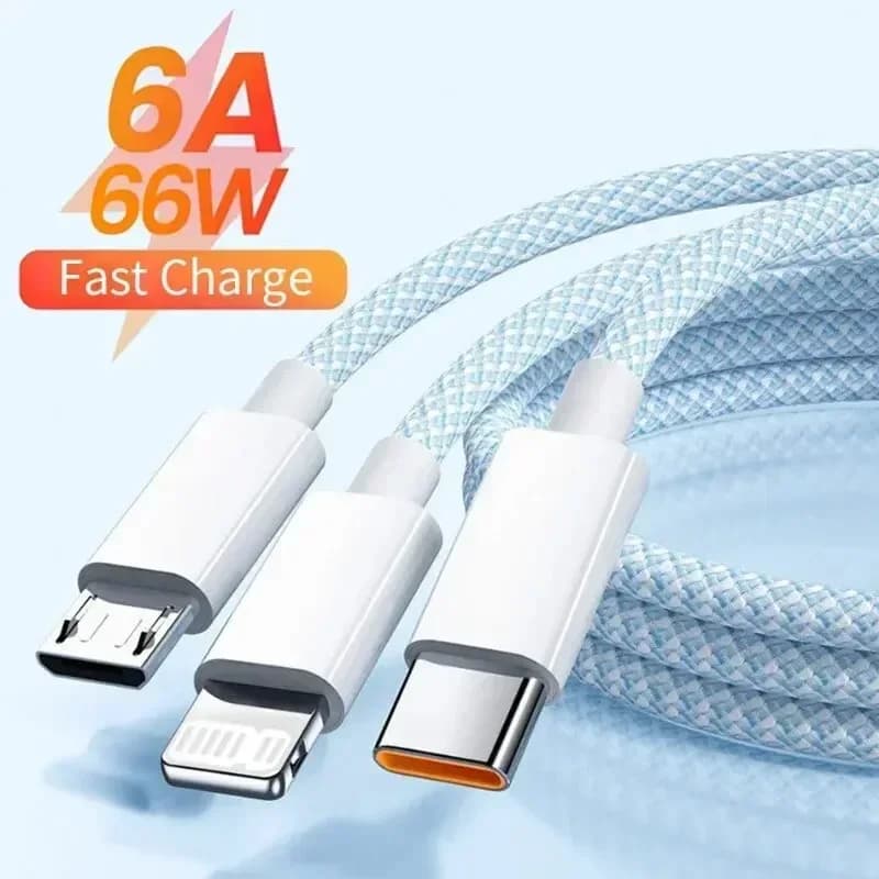 Cavo dati USB Type-C 3 in 1 da 6A, cavo di ricarica super veloce da 66W, adatto per Apple, cavo dati 1,5/2 m