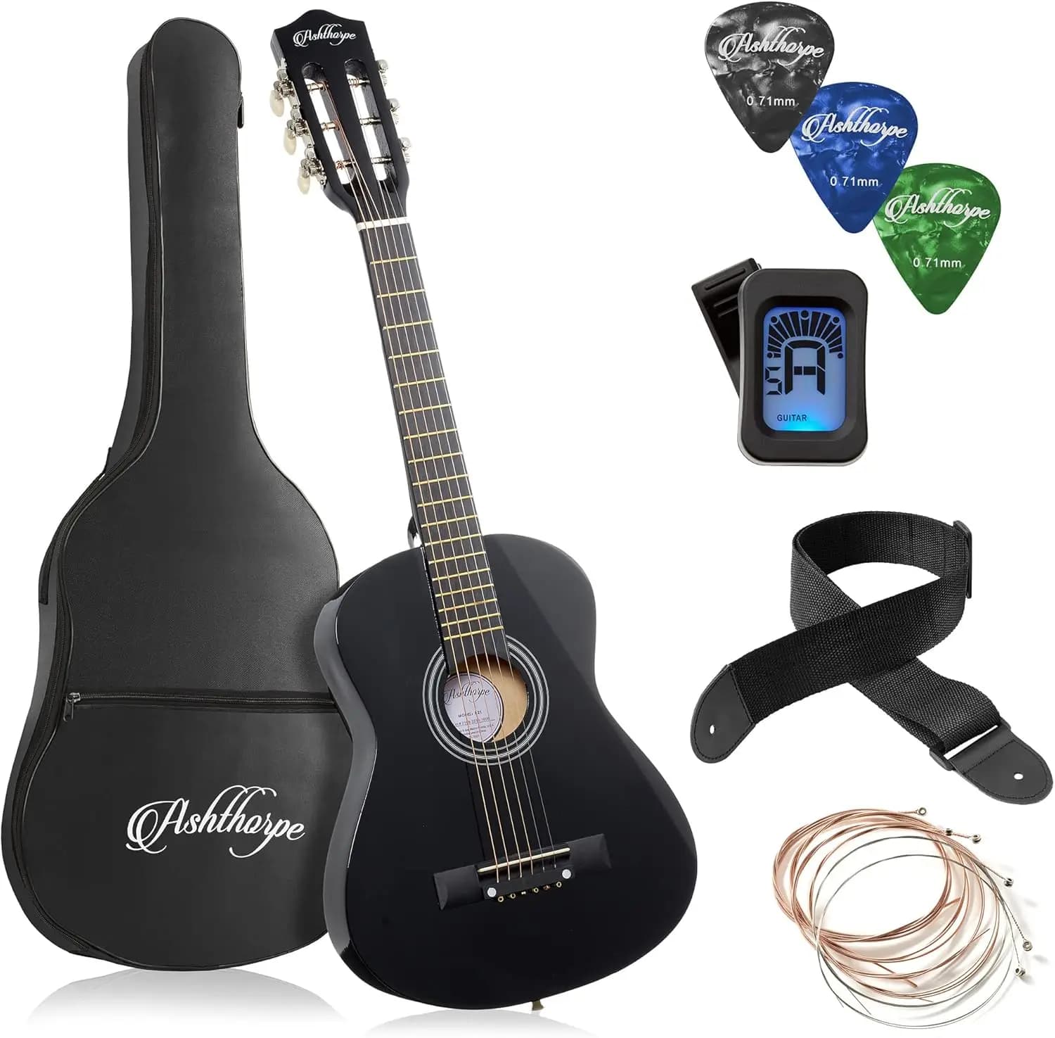 Pacchetto Chitarra Acustica per Principianti da 30 Pollici in Nero, Include Borsa per il Trasporto, Corde, Tracolla, Accordatore, Plettri