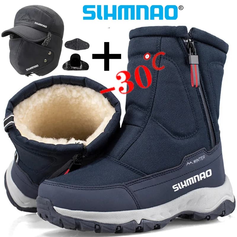 Stivali da pesca invernali da uomo, stivaletti in caldo pile di lana, resistenti al sudore e agli odori, scarponi da sci da neve caldi a taglio alto + cappello