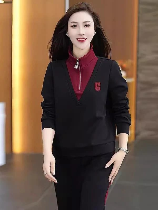 High-End Women's Sportswear Set Casual Fashionable Collared Sweatshirt Two-Piece Suite Spring Autumn Mom Style Polyester Fibe...