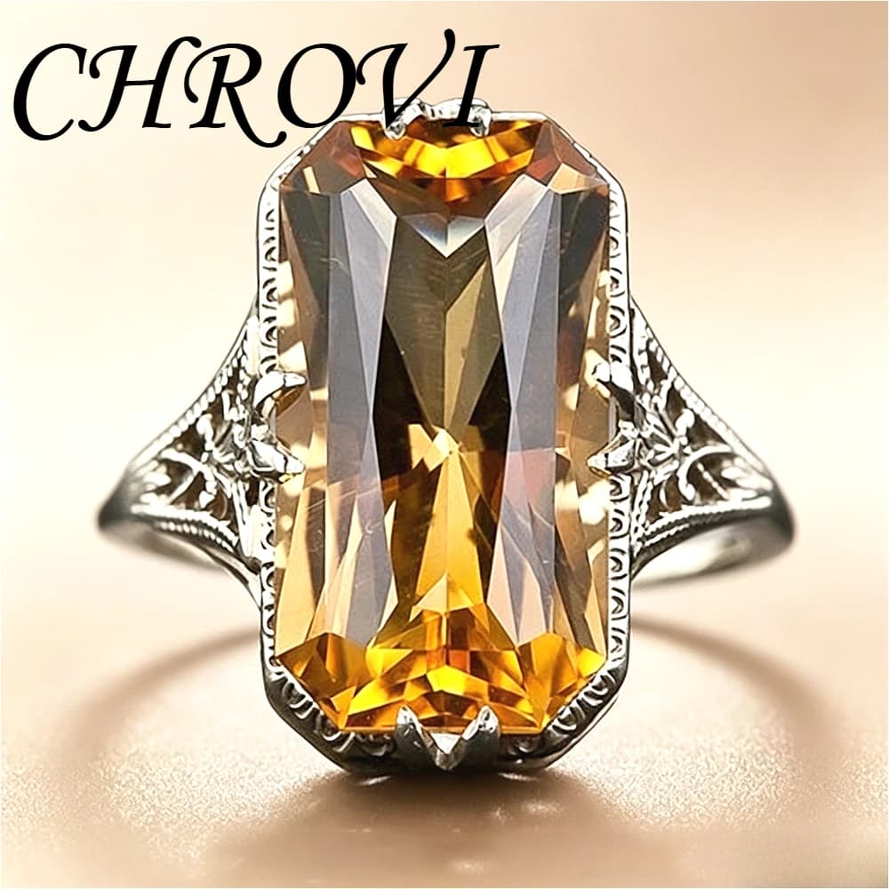 Light Luxury 925 Sterling Silver Yellow Crystal Hollow Carved Ring, Exaggerated Silver Jewelry Ring, Unisex, Sizes 6,7,8,9,10