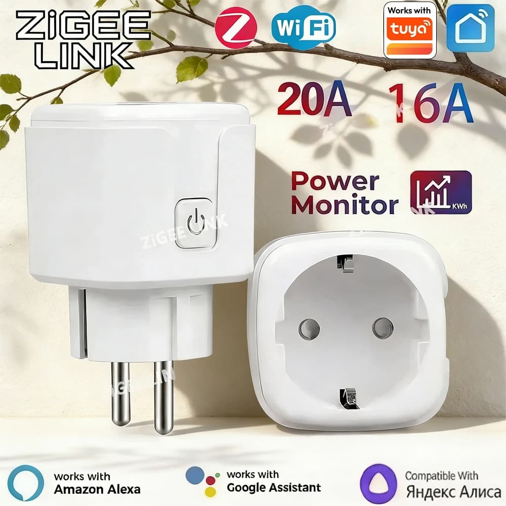 Smart socket WIFI or ZigBee 16A/20A EU with Consumption Monitoring, Wireless Remote Control via App and Vocal Commands, Compatible with Tuya Alexa Google