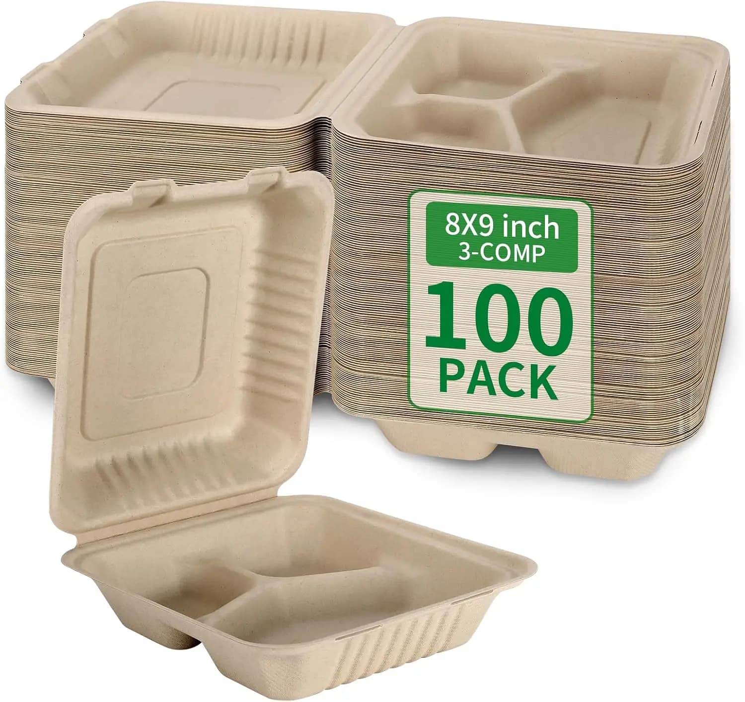 100Pcs 3-Compartment 8x9in Compostable Bagasse Food Containers, Eco-Friendly PFAS-Free To-Go Boxes