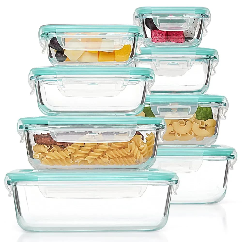 Set di 8 Contenitori in Vetro per Alimenti con Coperchi, Contenitori in Vetro per Preparazione Pasti, Scatole Bento in Vetro Ermetiche con Chiusura Antiperdita